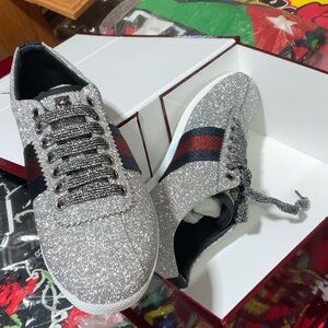 Gucci Silver Glitter Sneakers with Red and Blue Stripe